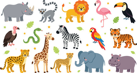 Obraz premium Cute Safari and Jungle Animals Vector Icon Set Featuring Lion Tiger Elephant Giraffe Zebra Hippo Rhino and Tropical Birds for Kids Education