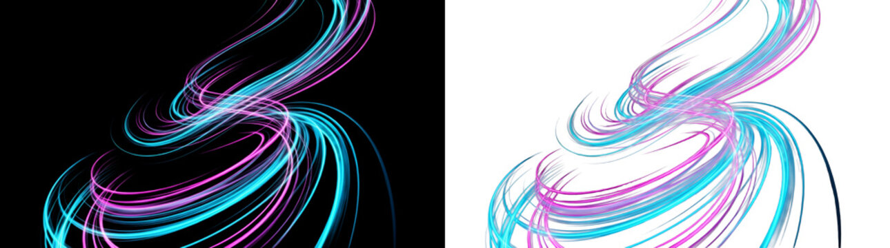 Dynamic light trail swirl on png background with bright neon colors and motion effect