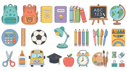 Back to school vector clip art elements set featuring cute backpack school bus graduation cap blackboard and primary stationery © Sakhawat Hossen 
