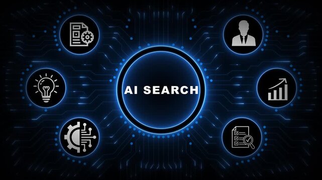 AI Search Interface with Blue Circular Dashboard, Intelligent Discovery Icons and Connected Digital Network Background