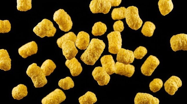 Floating yellow corn puffs on black background