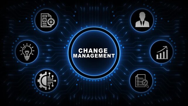 Change Management Interface with Blue Circular Dashboard, Transformation Icons and Enterprise Network Background