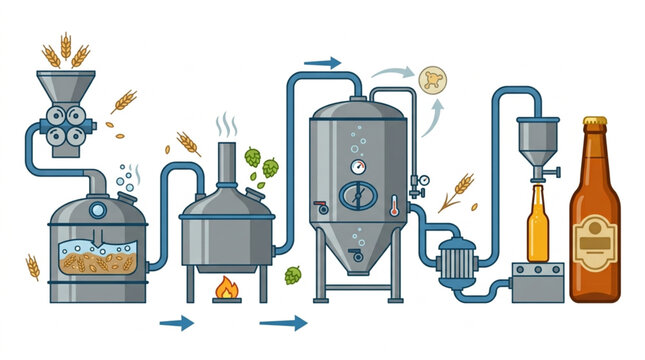 Illustration of a modern brewery process from grain to bottled beer, depicting fermentation tanks and bottling machinery in a clean, industrial setting with blue and beige tones