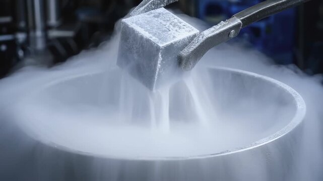 Cryogenic container liquid nitrogen metal tongs cold vapor freezing process industrial equipment science laboratory cooling technology frost storage