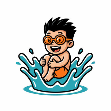 A cheerful young boy wearing bright orange swimming goggles enjoys a refreshing cannonball jump into a cool pool of water while creating a large splash that celebrates the joy of summer vacation