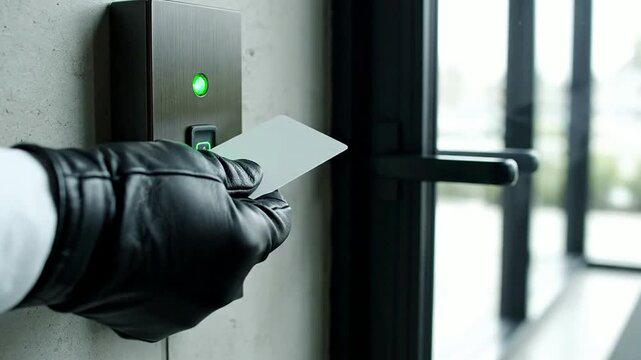 Close-Up Shot Of A Gloved Hand Holding A Blank White Proximity Card Near A Modern Door Access Control Panel With Red Light