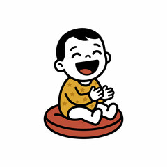Obraz premium A joyful little infant with dark hair wearing a yellow star pattern shirt sits happily upon a soft round cushion while clapping hands together during a bright and cheerful early morning playtime