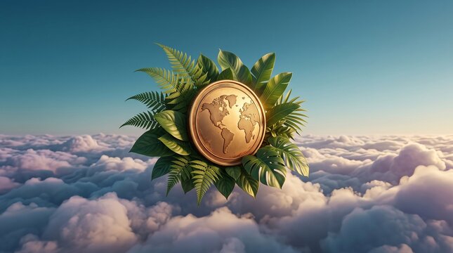 Golden world coin surrounded by tropical leaves floating above a sea of clouds representing global sustainable finance and green economic growth concepts