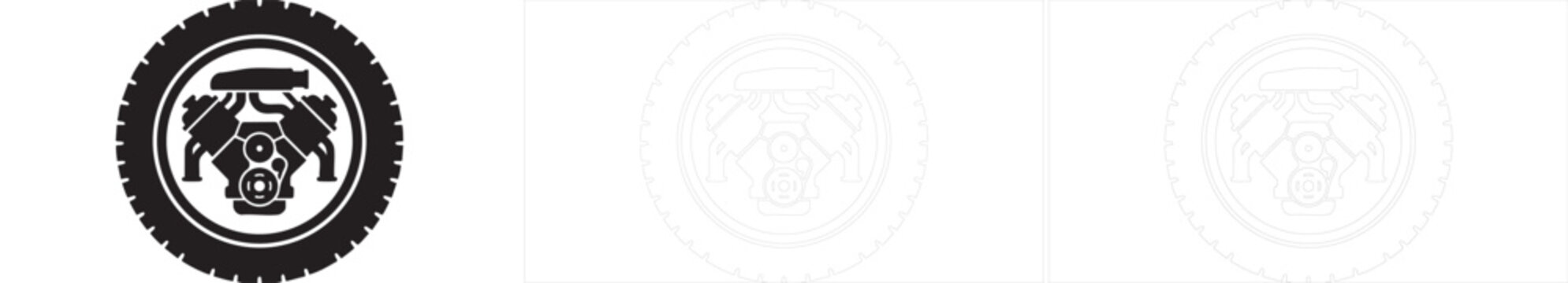 Performance v8 engine icon encased in circular tire tread graphic for automotive tuning and race car logos.