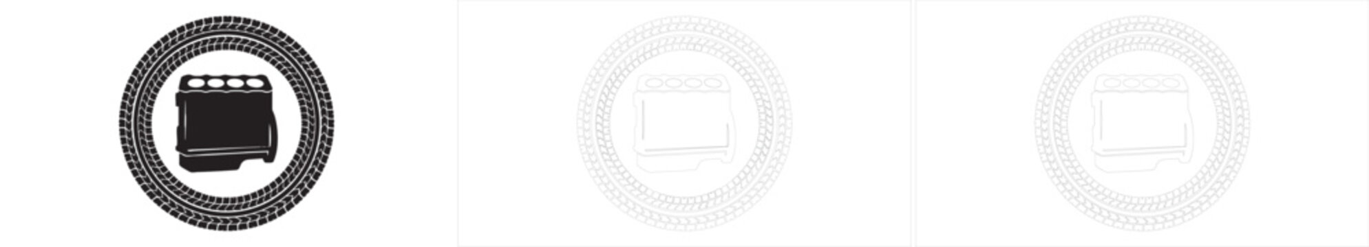 Inline four cylinder engine icon inside circular tire tread pattern for automotive workshop logo designs.
