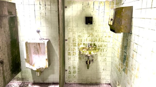 old overgrown bathroom with urinal and sink
