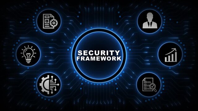 Governance Model Interface with Blue Circular Dashboard, Compliance Icons and Connected Enterprise Network Background