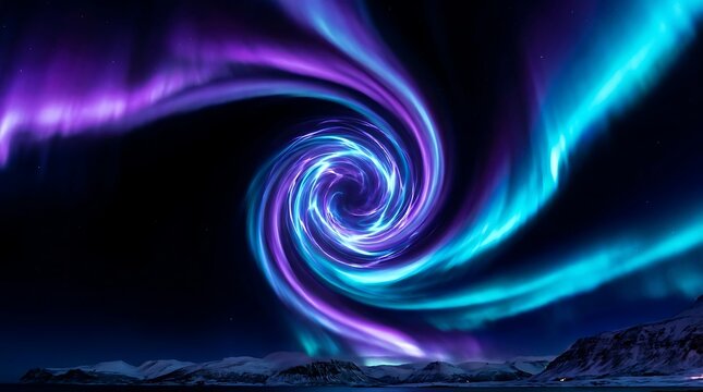 Vibrant purple and bright cyan aurora borealis lights swirl in a hypnotic spiral formation above the dark snowy mountain peaks during a cold winter night
