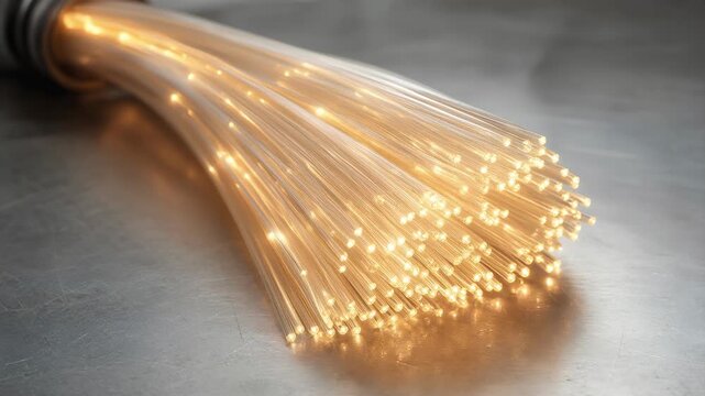 Fiber optic cable glowing with warm light metallic surface technology concept bright delicate strands communication data transmission network internet