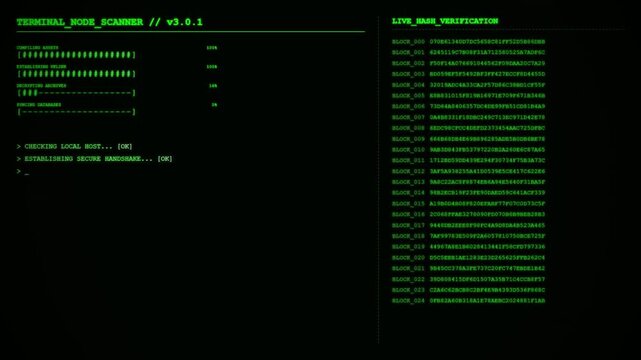 Terminal Node Scanner Live Hash Verification Blockchain Encryption Dashboard Animation Green Loop.