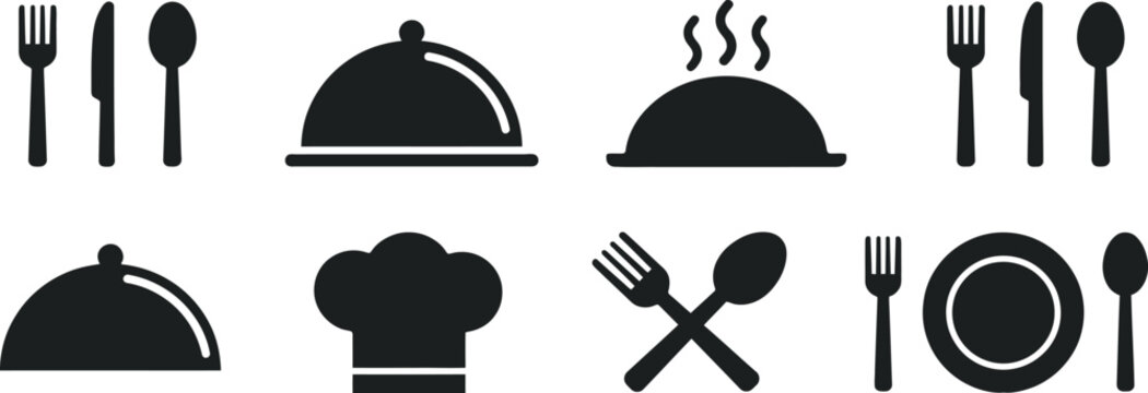 Cutlery and dinnerware vector icon collection with fork, spoon, knife, plate, chef hat and serving cloche symbols for restaurants, cafes, food delivery, menu design and hospitality branding.