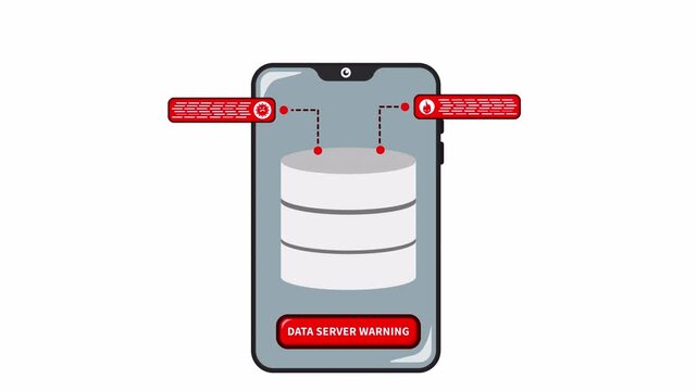 Animation of data server warning on mobile. Smartphone screen showing database icon, red alert triangle and error bars for system failure caused red skull and virus attacker. 