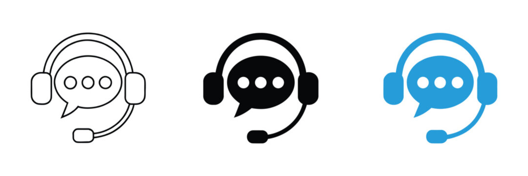 Customer service icon set. contact support agent, headset, speech bubble, and call center symbols for communication and help desk applications.