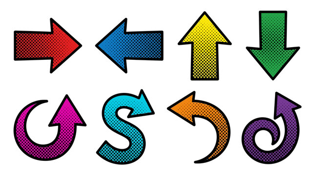 Colorful halftone arrows in comic pop art style
