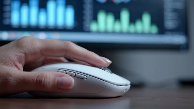 Hand finger wireless mouse scroll device on office desk work technology computer screen chart graph business data report workplace modern digital pc
