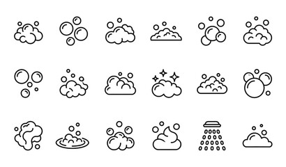 Obraz premium Foam Linear Icon Set Vector Collection with Soap Bubbles Cleaning Lather and Minimal Outline Symbols