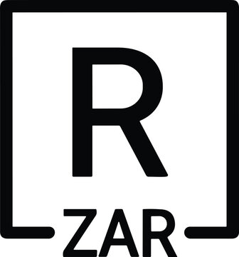 South African Rand currency symbol. Black letter R and ZAR text inside a square frame