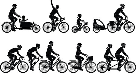 Obraz premium Cycling and family bicycle silhouette icon set featuring cargo bikes tandem riders racers and trailers