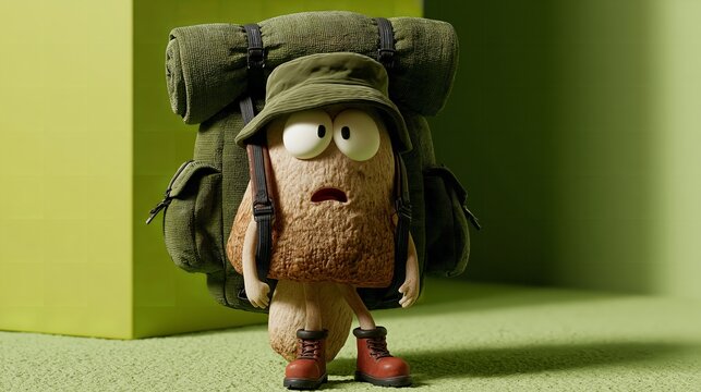 Animated Bread Character Ready for Hiking Adventure with Backpack