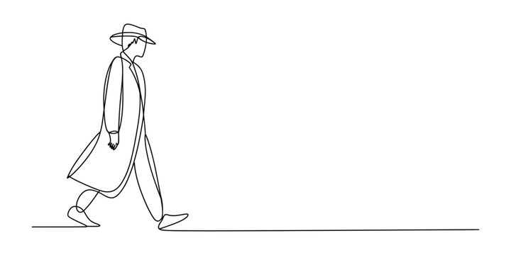 Detective man walking in a coat and hat line art drawing
