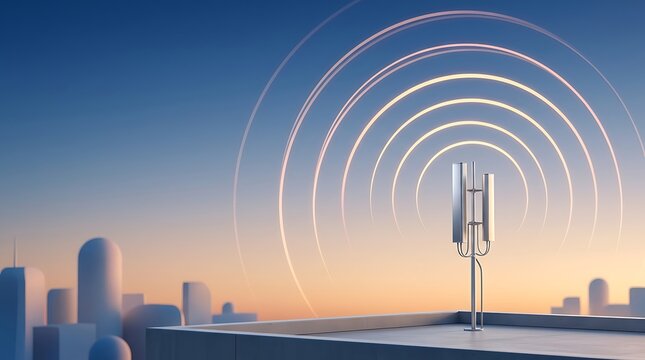 A telecommunications antenna tower on a rooftop at sunset, emitting glowing circular radio waves representing wireless signal connectivity and