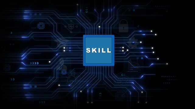 Skill Development Chip with Illuminated Circuit Connections on Dark Blue Technology Background for Digital Learning Systems
