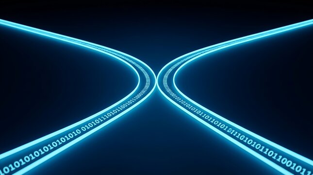 Abstract digital background, featuring two converging, glowing blue light, paths composed of, binary code digits, zero and one, on a dark surface