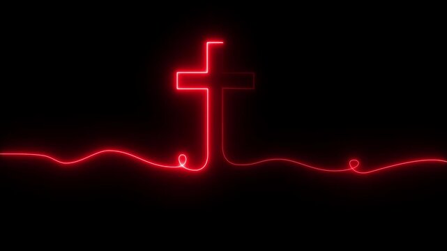 Bright glow flickering neon cross icon. Christianity symbol. Motion graphic video animation.Motion graphic 4k animation video.