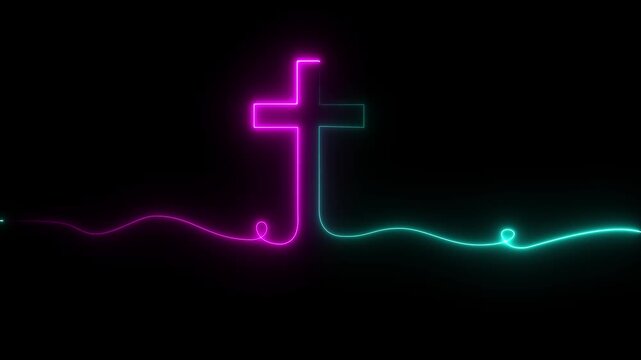Bright glow flickering neon cross icon. Christianity symbol. Motion graphic video animation.Motion graphic 4k animation video.