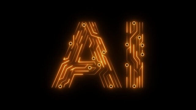 Glowing neon ai text and circuit pattern icon on black background. AI text Circuit icon Copy Space Animation. AI, Artificial Intelligence Technology.