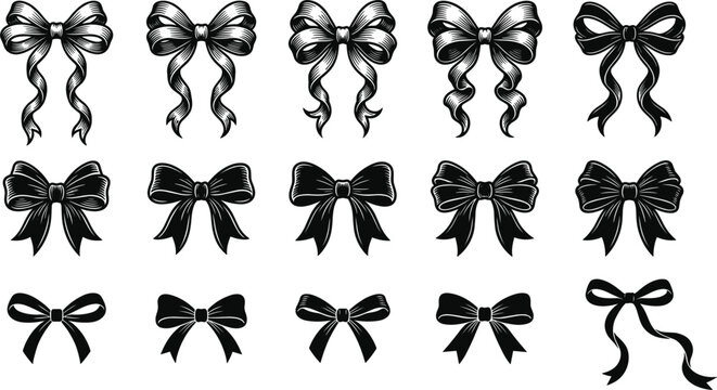 Decorative black ribbon bow icon set featuring vintage woodcut engravings silhouettes and classic knotted ties