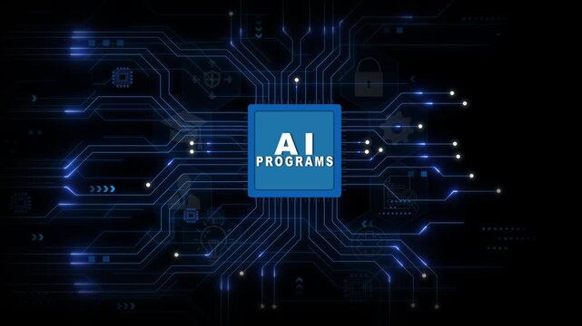 AI Programs Processor with Illuminated Circuit Network on Dark Blue Technology Background for Intelligent Computing Systems