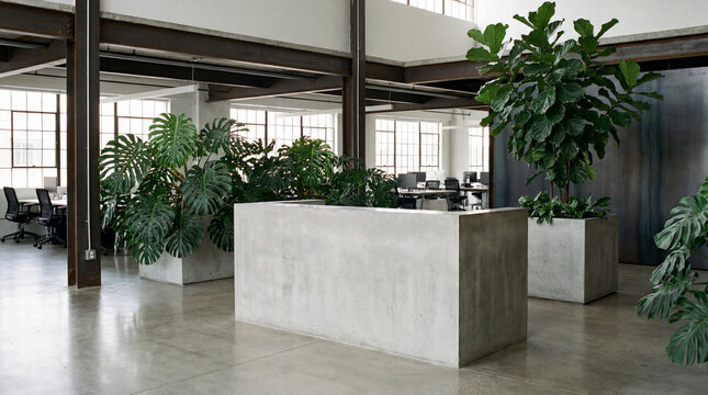 Minimalist Concrete Reception Desk Centered In An Industrial Lobby Embellished With Large Potted Green Plants