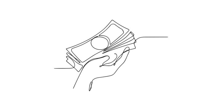 Continuous one line drawing of a hand holding a stack of dollar money bills