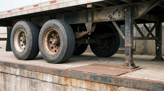 Close View Showing Heavy Freight Trailer Wheels And Undercarriage Parked Beside Commercial Warehouse Loading Docks