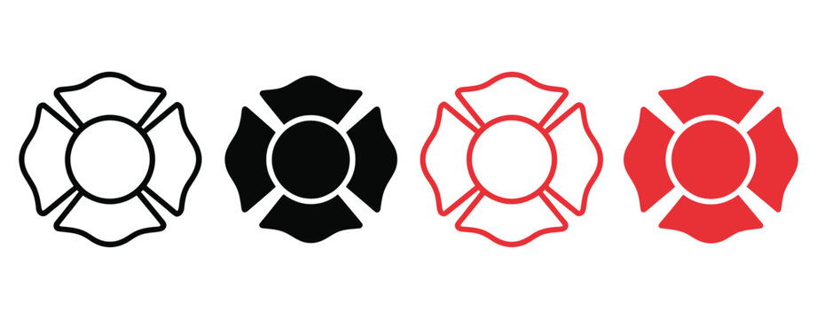 Firefighter Maltese cross emblem icon vector collection with traditional fire rescue badge symbol for emergency response, firefighting, and safety branding.