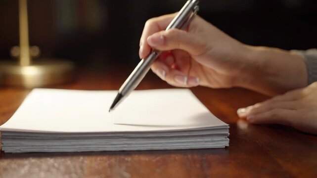 Hand holding pen above blank paper stack on wooden table with warm light creating calm focused writing document atmosphere