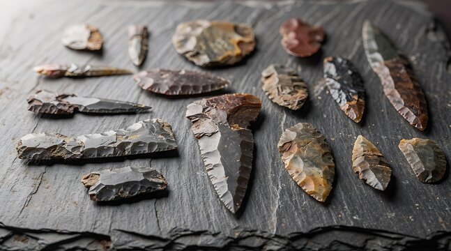 Collection of prehistoric stone arrowheads and tools on slate.