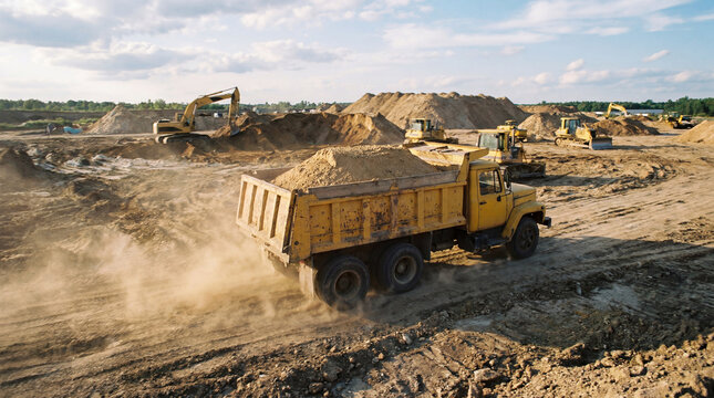 Heavy unmarked yellow dump truck carrying a large load of sand at busy construction site