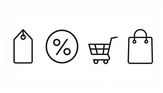 Minimalist shopping icons &mdash; price tag, discount, cart, bag.