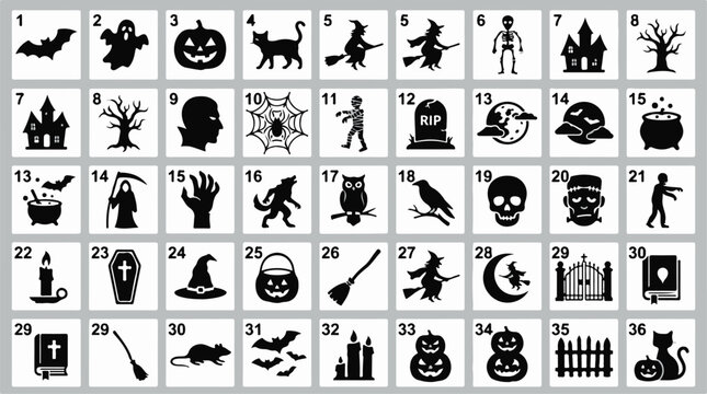 Collection of various halloween icons and symbols on a light blue background