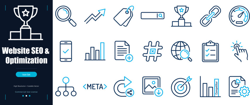 Website SEO and digital marketing optimization vector icons set. Modern line icon collection for search engine optimization, web analytics, and link building.