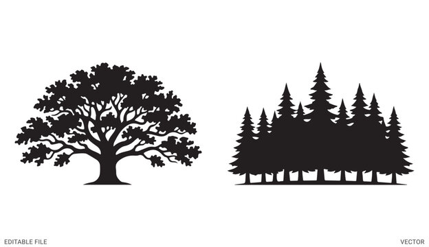 Nature forest trees landscape element vector silhouettes set with oak and pine tree shapes