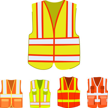 Collection of high visibility protective vests with reflective stripes, essential personal protective equipment for enhancing visibility and promoting safety in various work environments