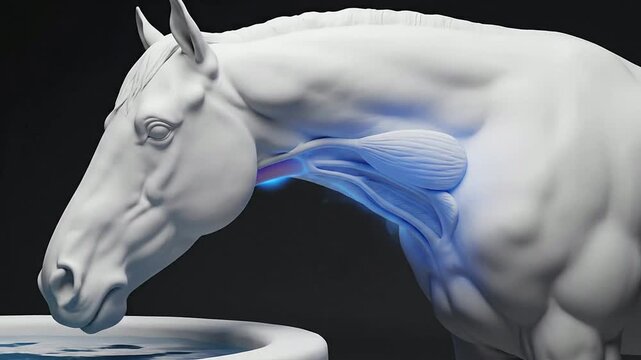 Detailed CGI Representation Of A Horse Drinking Water Focusing On Anatomical Features And Moisture Diffusion Ideal For Educational And Veterinary Use